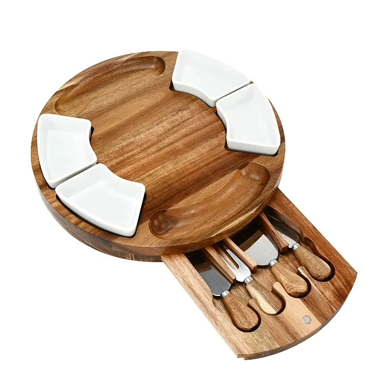 New Design Rotating Acacia Wood Round Serving Tray With Ceramic Bowl
