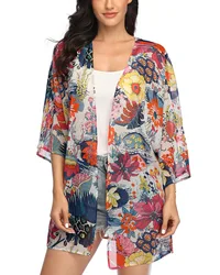 Women Plus Size Floral Chiffon Silk Cardigan Beachwear Coverup Kimono Stain Cardigan Ladies