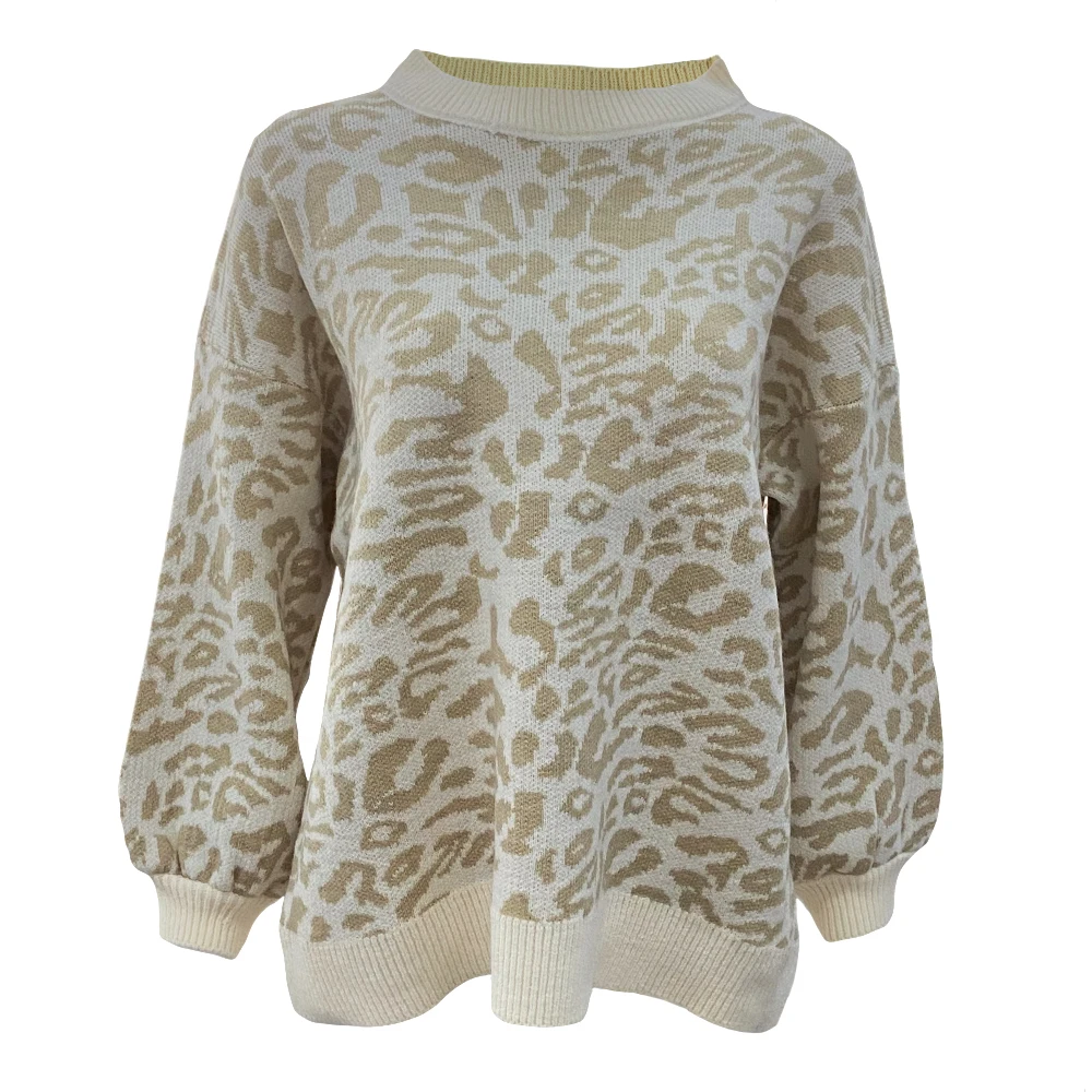 Custom OEM & ODM Logo Women Soft Leopard Sweater Crewneck Jacquard Knitwear Ladies Girls Loose Pullover Cotton Knit Sweaters