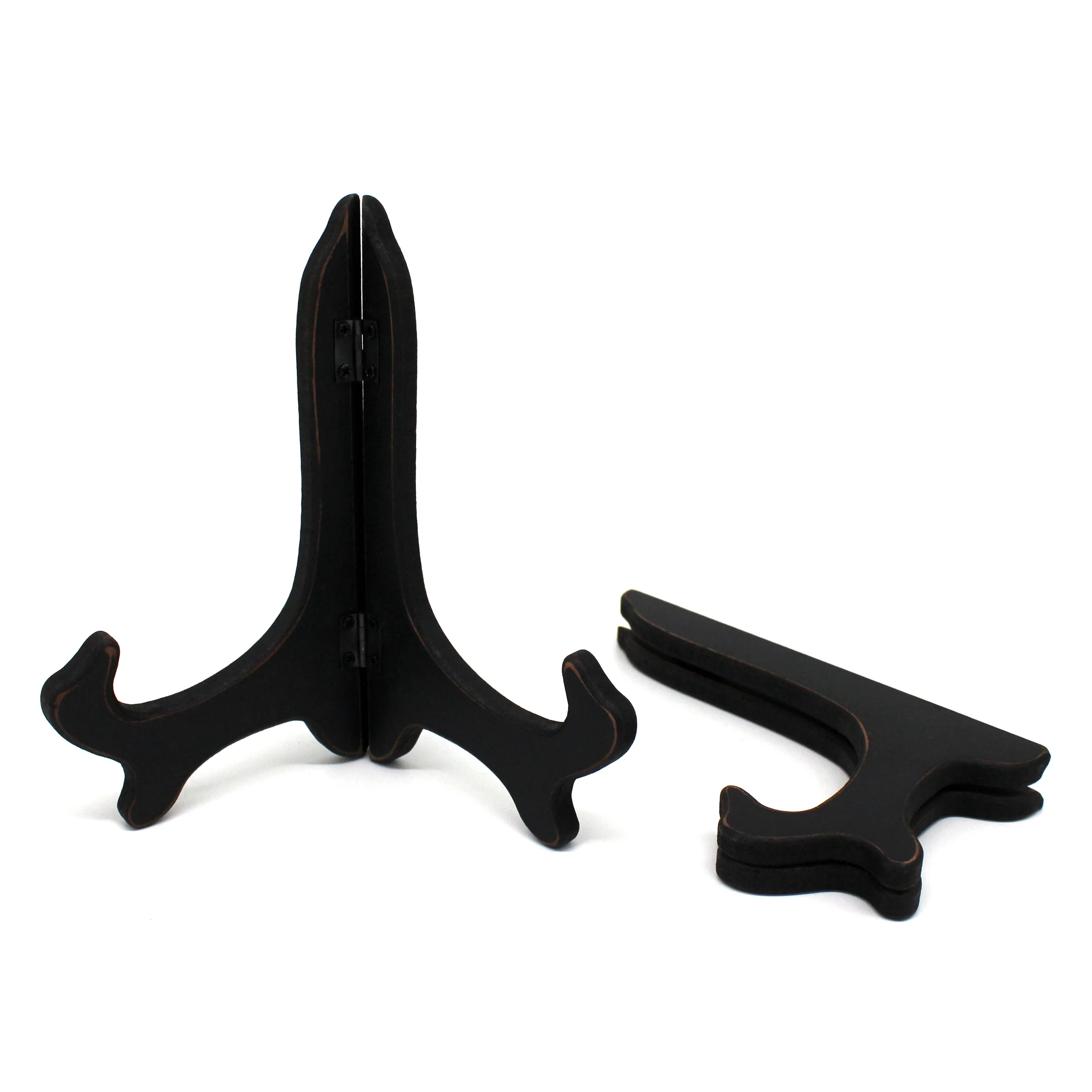 Vintage Distressed Black Decorative Wooden Plates Rack Wood Easels Holder Folding Display Stand Home Decor Art, 7 Inch, Set of 2