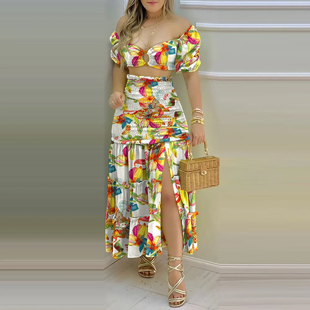 2024 NEW MSR MS569 Hot New Sweet Fashion Solid Color Short-sleeved Color Matching Printed Long Skirt Suit and Blanket Dress
