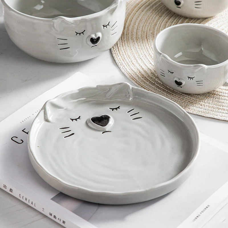 HCJ110 Korean cute dishes and kittens ceramic household tableware set Japanese creative cartoon ceramic dinnerware  set