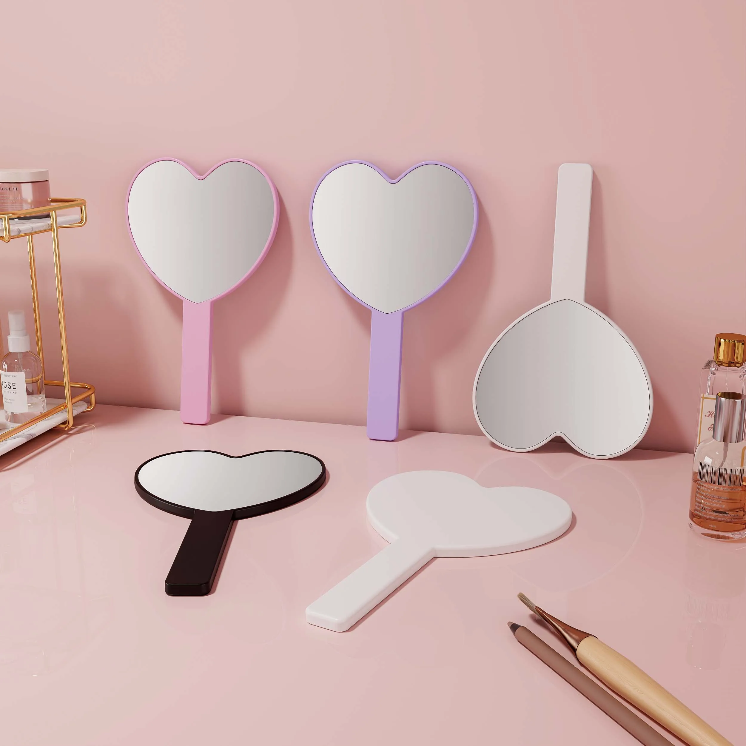 Personalised Beauty Custom Wholesale Bulk Portable Small Handheld Cosmetic Makeup Pink Shaped Hand Held Heart Make Up Mirror
