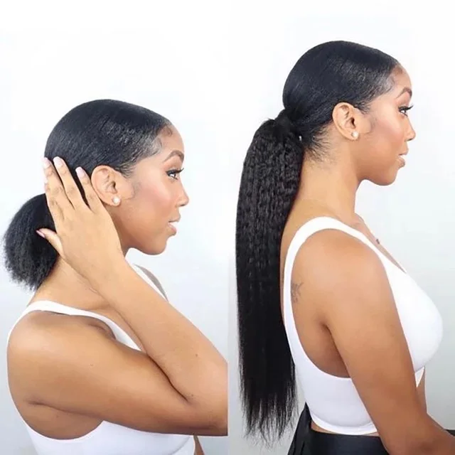 100% Human Hair Pony tails Hair Extensions Double Drawn Natural Wrap Around Drawstring Straight Ponytail Hair