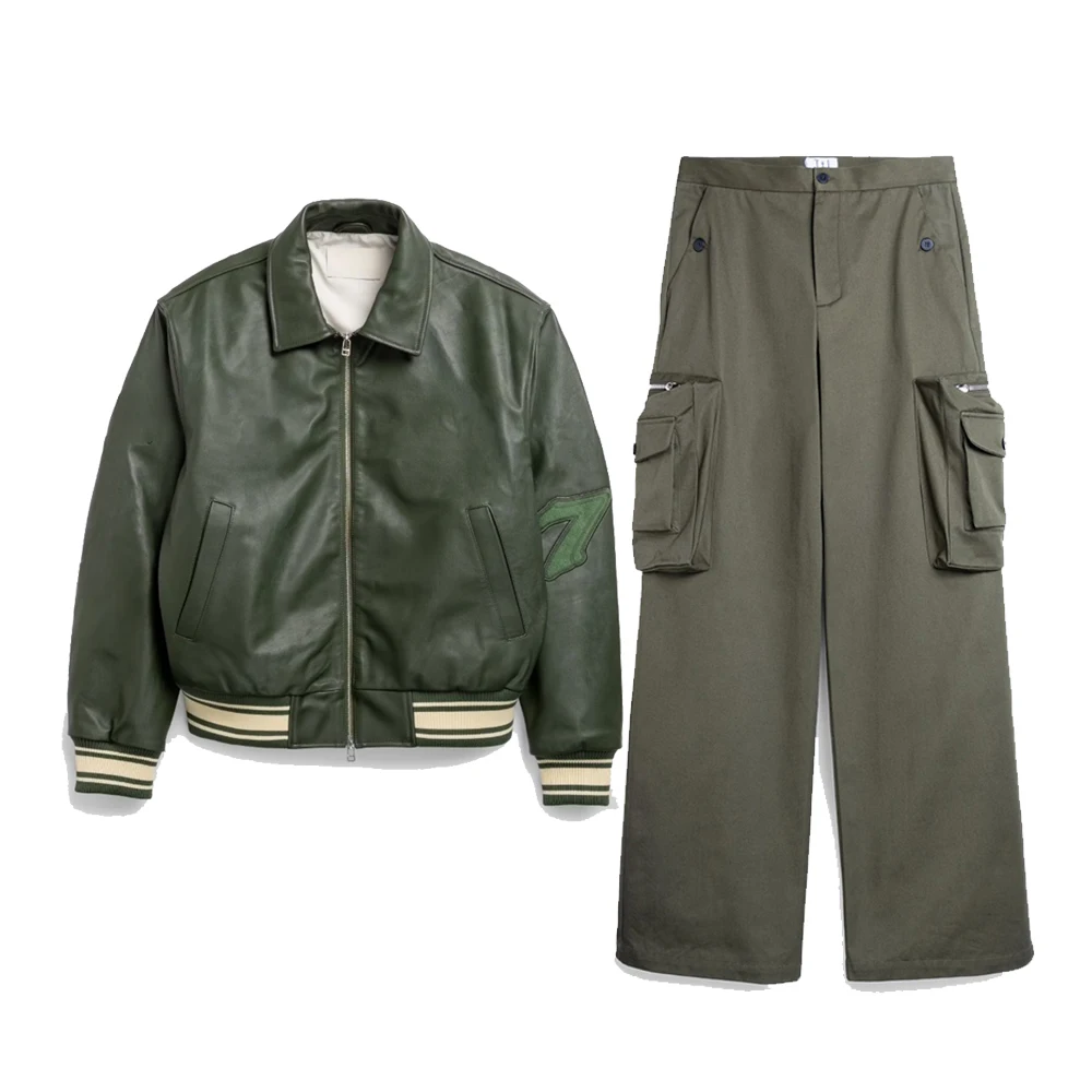 High Quality OEM Winter Autumn Varsity Jacket Customized Large Size Genuine Leather Eco-friendly  Sports Coat Set Men