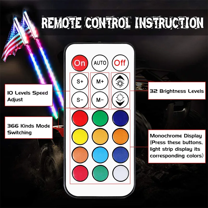 Remote RF Control Antennas Whips Lamp Accessories 360 Degree Spiral LED Whip Lights for UTV Off-Road Vehicle ATV