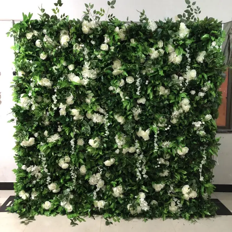 2024 Hot Sale 8x8 3D Green Flower Wall Roll UP Curtain White Rose With Green Leaf  Flower Wall Panel Backdrop Wedding Decor