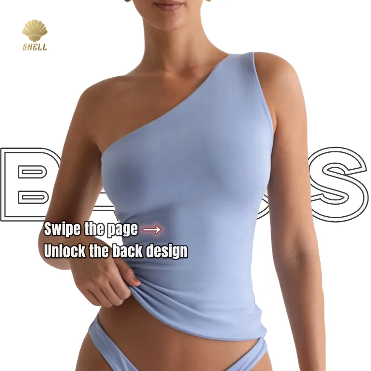 Luluxixiyaya Double Layer 180gsm Slash Neck One Shoulder Fashion Blue Custom Ladies Blouses and Tops Women