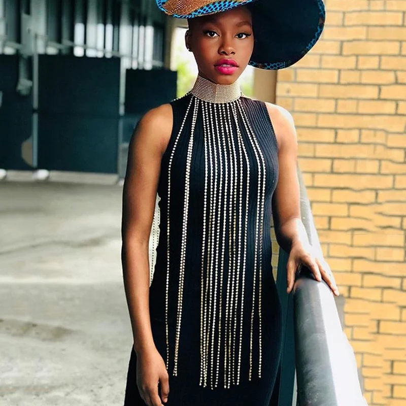 SH3694 Women Sexy Rhinestone Choker Halter Gold Silver Tassel Diamond Chain Necklace Jewelry Rhinestone Choker For Women