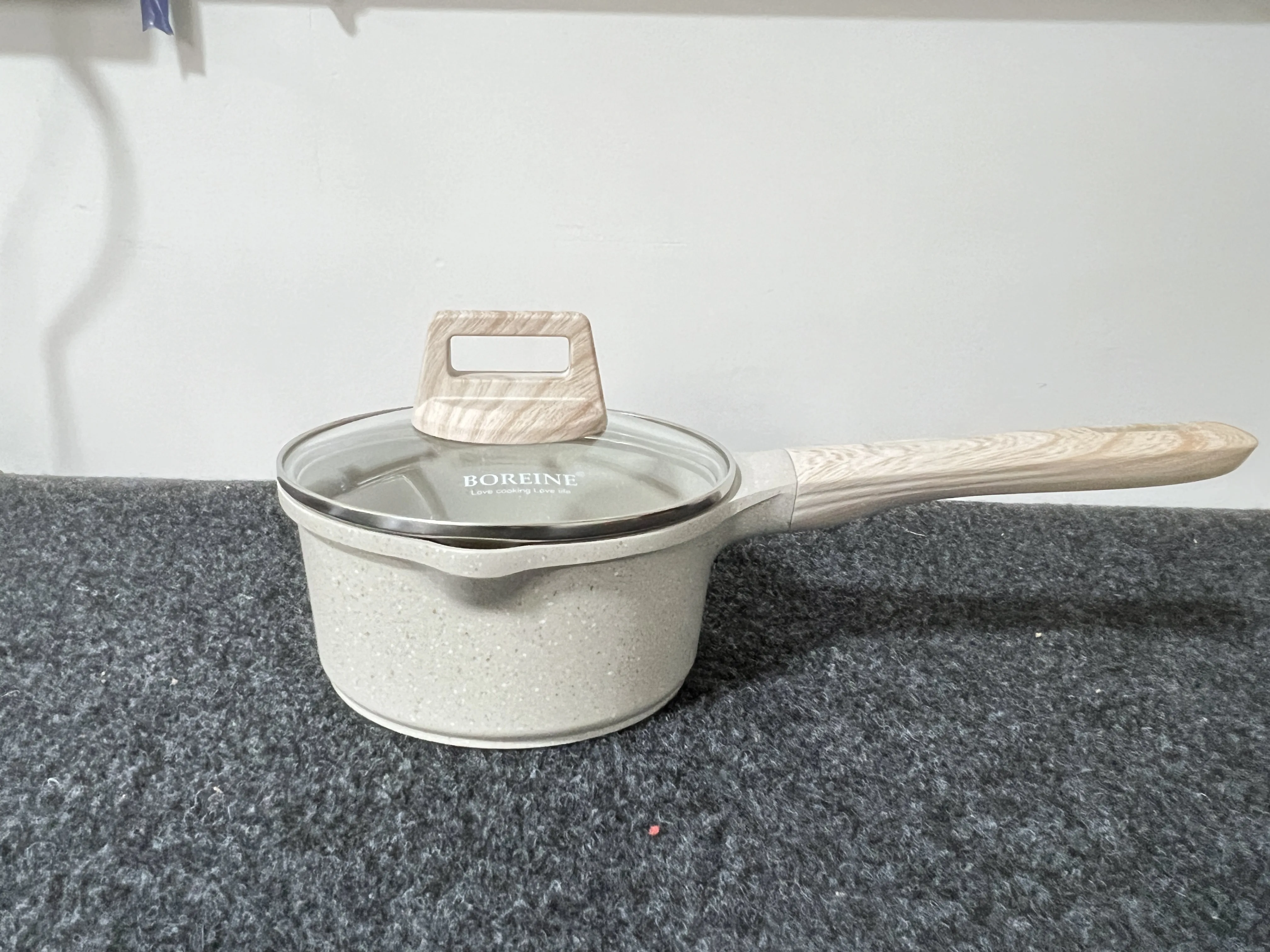 7-Piece Beige Granite Non-Stick Induction Cookware Set with Glass Cover Wooden Handle Die-Cast Aluminium Pots Oil Required