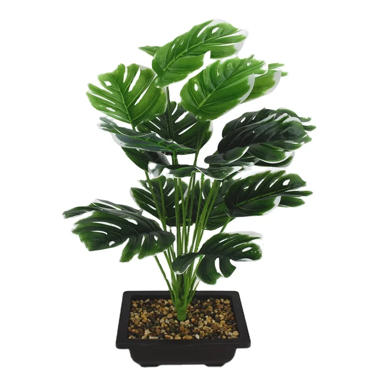 JD99   18-fork Faux Plastic Turtle Leaf Stem Artificial Small Monstera Tree for Home Decoration green leaves