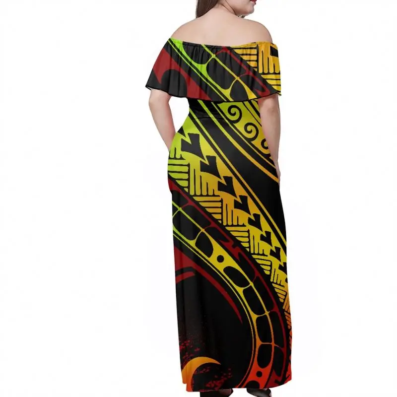 Custom Product Polynesian Yellow/green/red Tribal Black Pattern Floor Length Maxi Dresses Night Women Elegant Off Shoulder