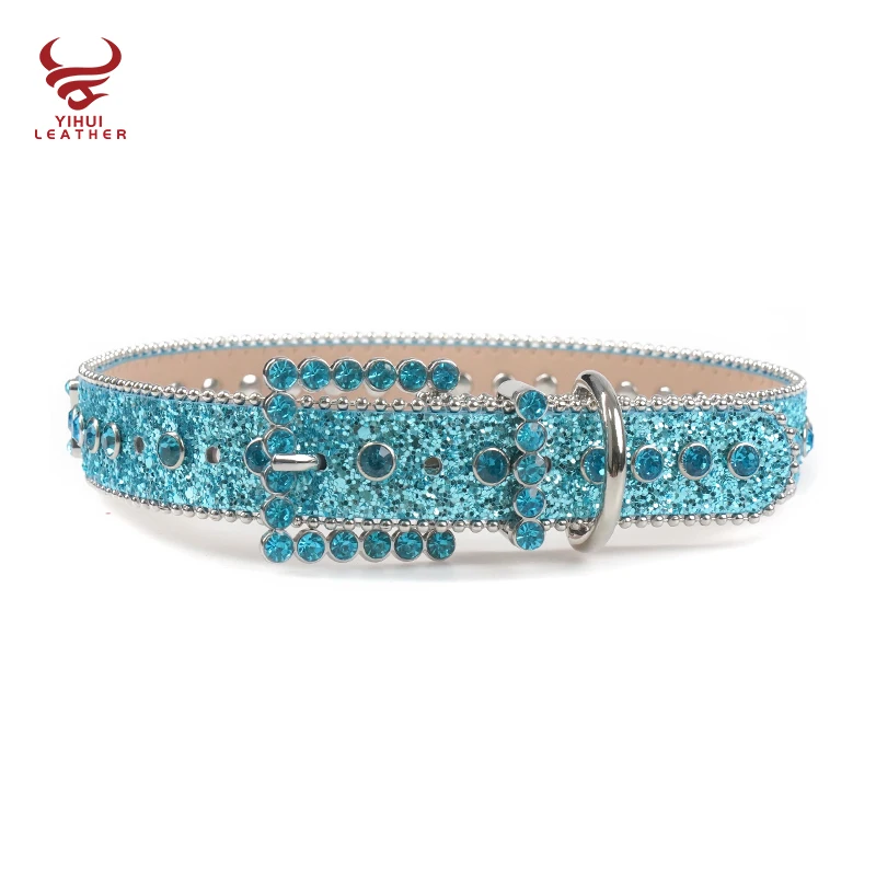 Custom Diamond Dog Bark Belt Leather Strap Accessories Crystal Blue Rhinestone Leather Glitter Pet Collar