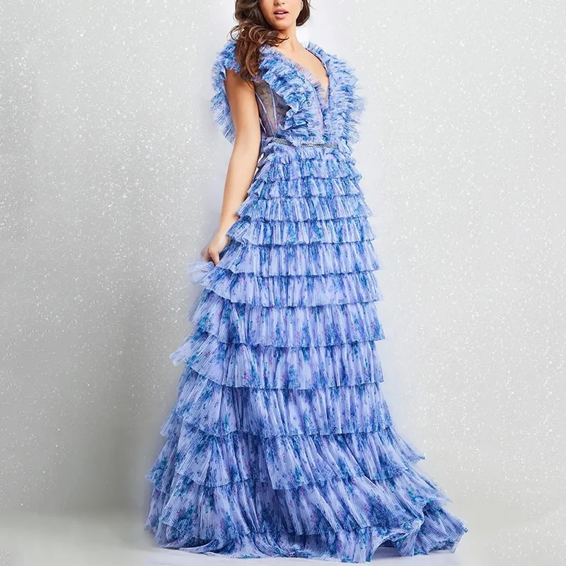 PD2412 designer custom dress multicolor floral print low v neck ruched pleated ruffles long a-line prom dresses women