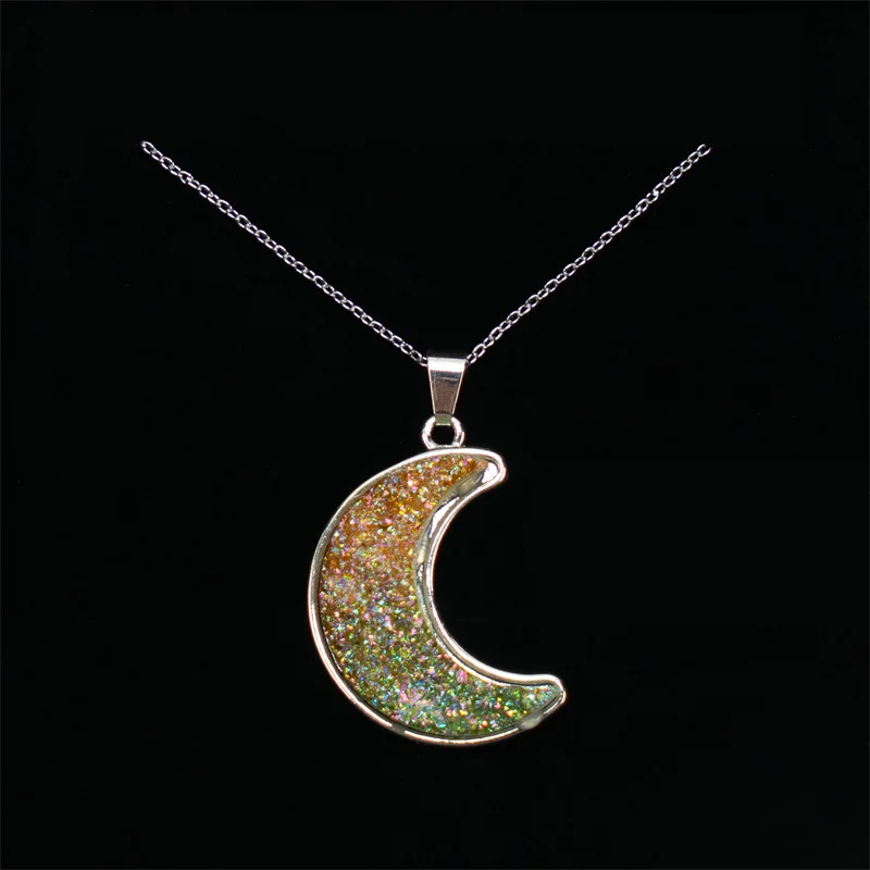 Natural Crystal Stone Druzy Heart Moon Star Shape Pendant Necklace With Stainless Steel Chain Gemstone Jewelry For Women Gifts