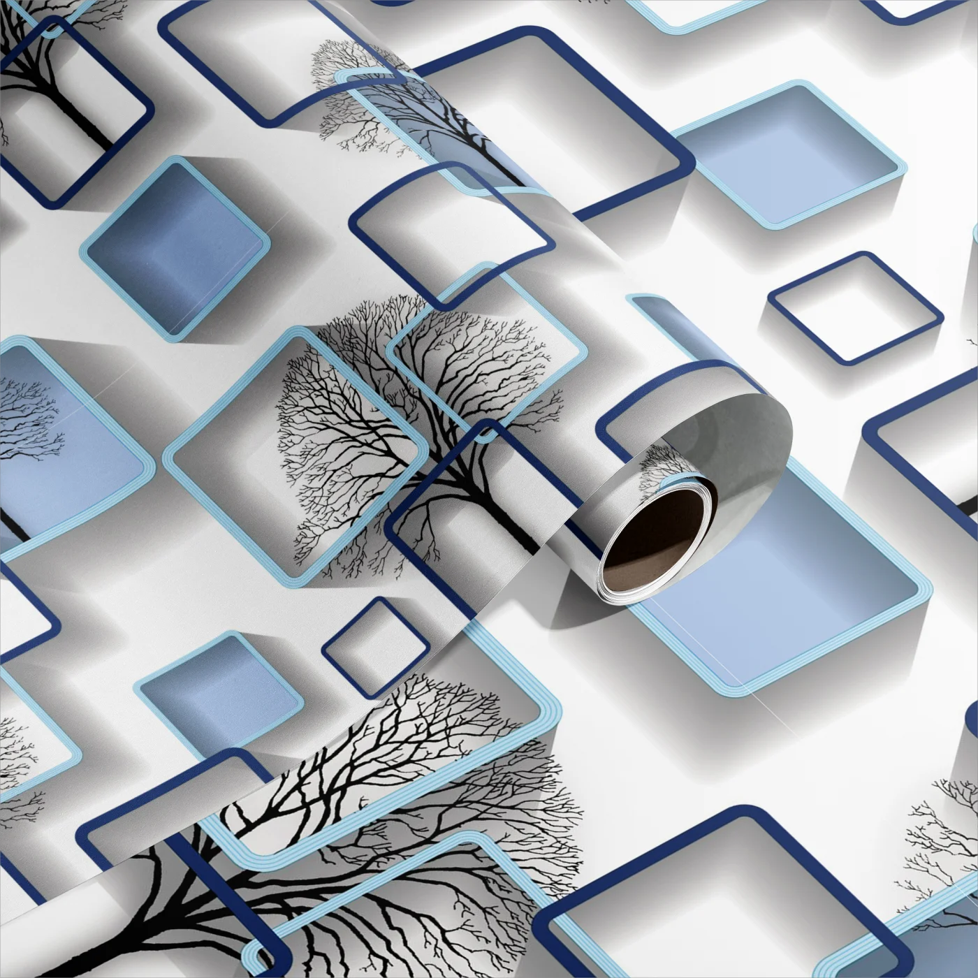 3D Blue Square Modern Luxury Vinyl Wallpapers Waterproof For Bedroom Walls