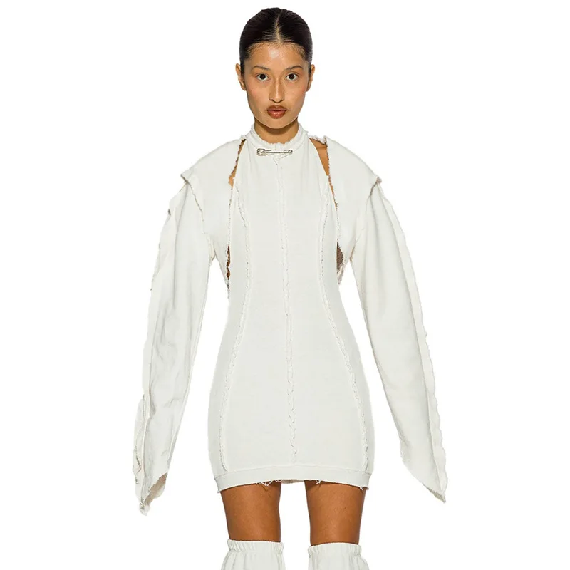 Chic Pin Women 2piece Set Three-dimensional Striped Bandage Dress+full Sleeve Outer Layer Y2k Fashion Streetwear Suit