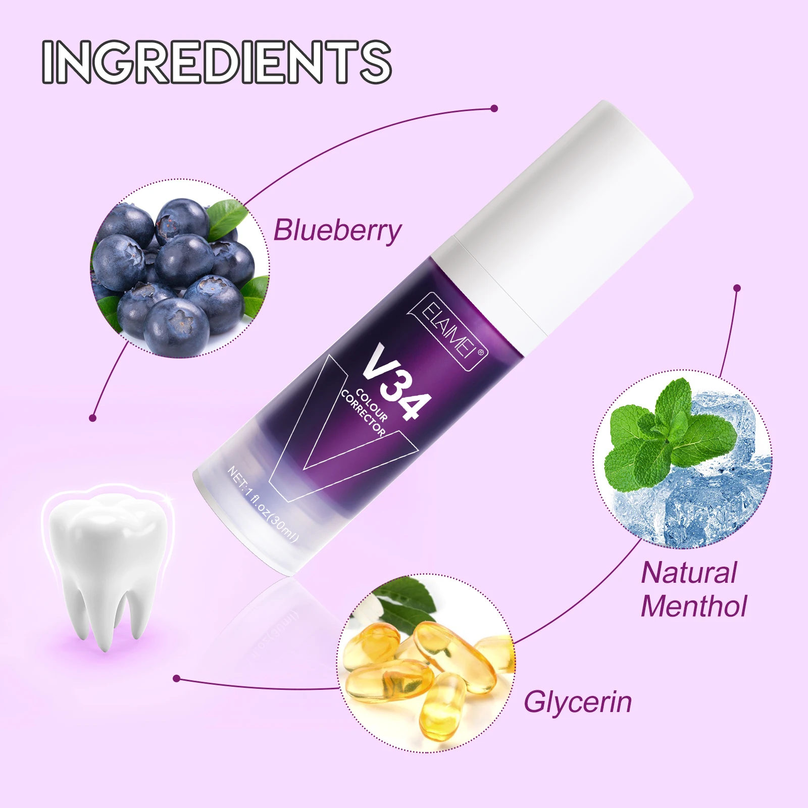 30ml ELAIMEI V34 Purple Toothpaste Removes Tartar Clean Oral Hygiene Fresh Breath Whitening Teeth Care Products