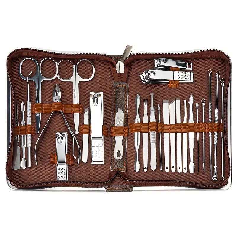 Professional 26 PCS Silver Nail Clippers Manicure Tool Set with Portable Travel Case Cuticle Nippers and Cutter Kit