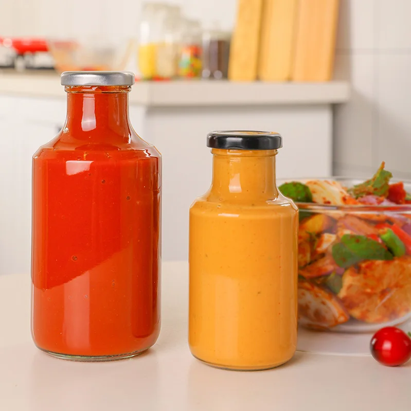 High quality 8oz 16oz salad dressing barbecue container ketchup chili sauce glass staut bottle in bulk