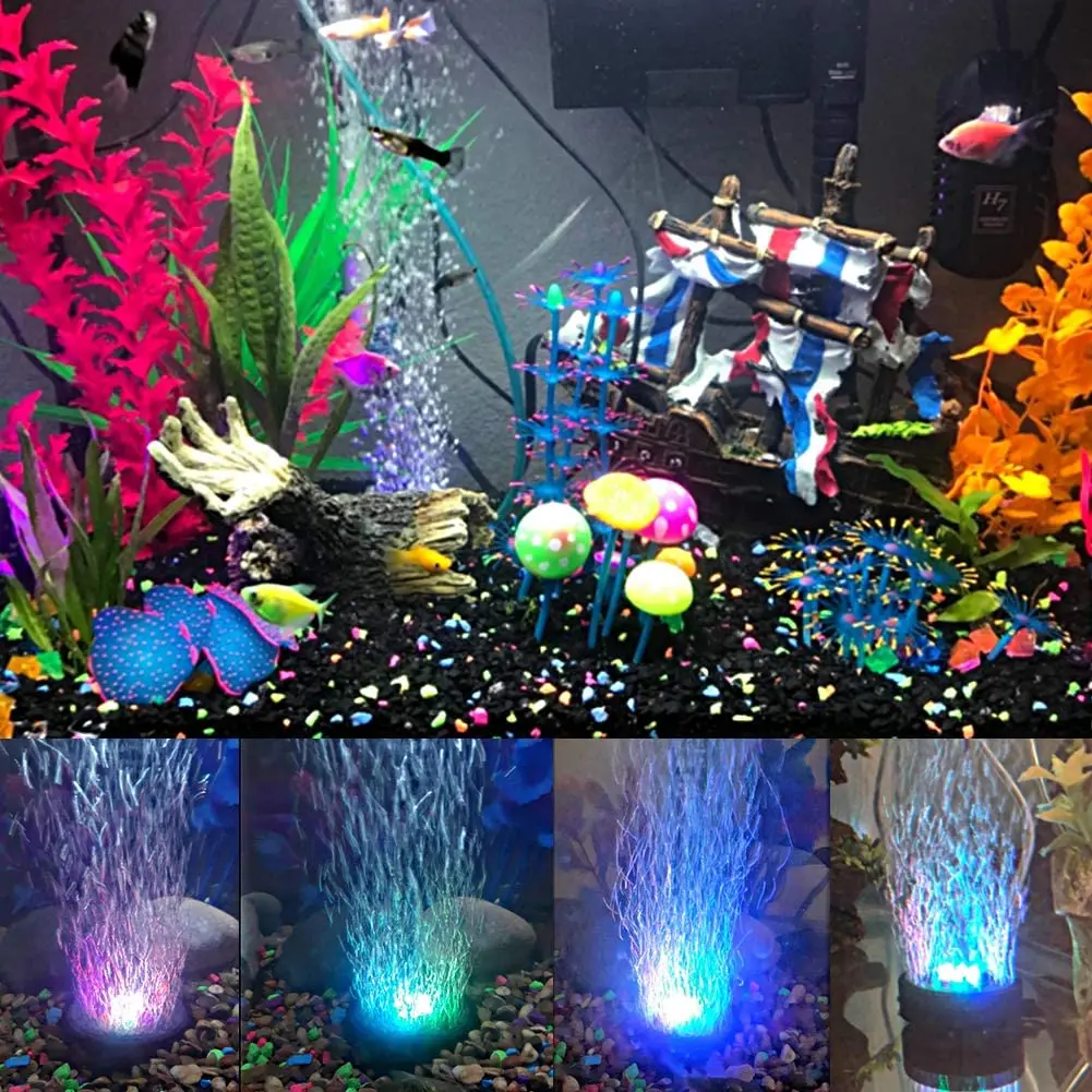 Plant Fish Tank Bubbler 6 LEDs WRGB Light IP68 Waterproof Decoration Accessories Aquarium Bubbles Stone with LED AQUARIUM LAMP