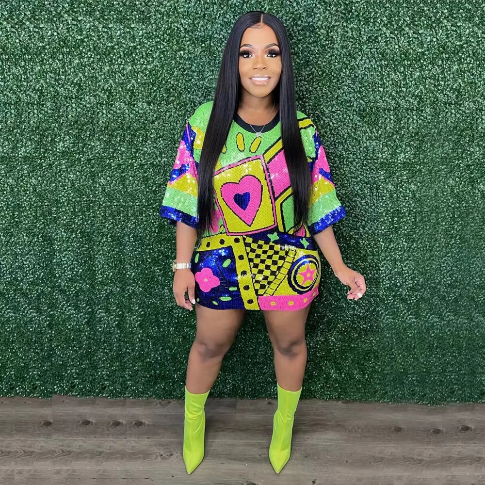 Wholesale Shiny New Casual Shirt Dress Sparkle Sequin Glitter Letter Style Party Outfits Casual Women Dress Night Club Dress