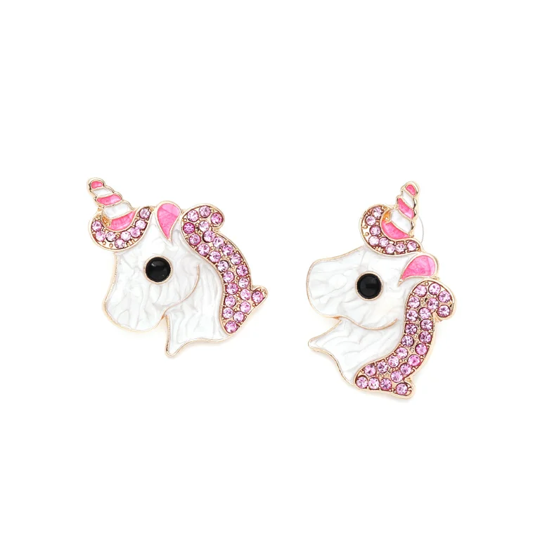 2023 New arrivals cute cartoon pink diamond unicorn stud earrings for lady girls kids