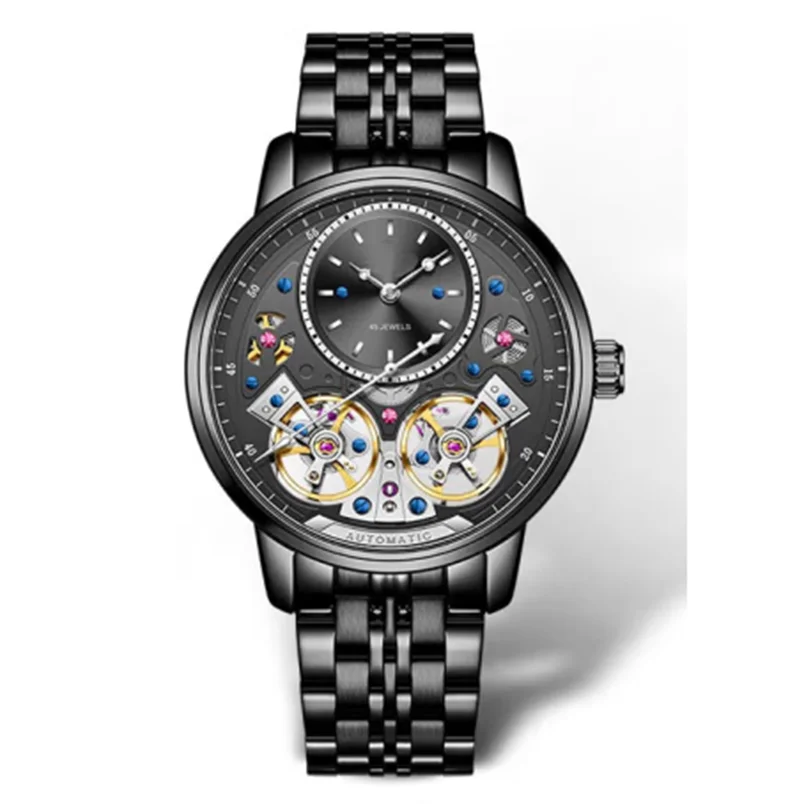 Пользовательские корпус из нержавеющей стали два скелета маховик водонепроницаемые мужские Бизнес Кварцевые часы