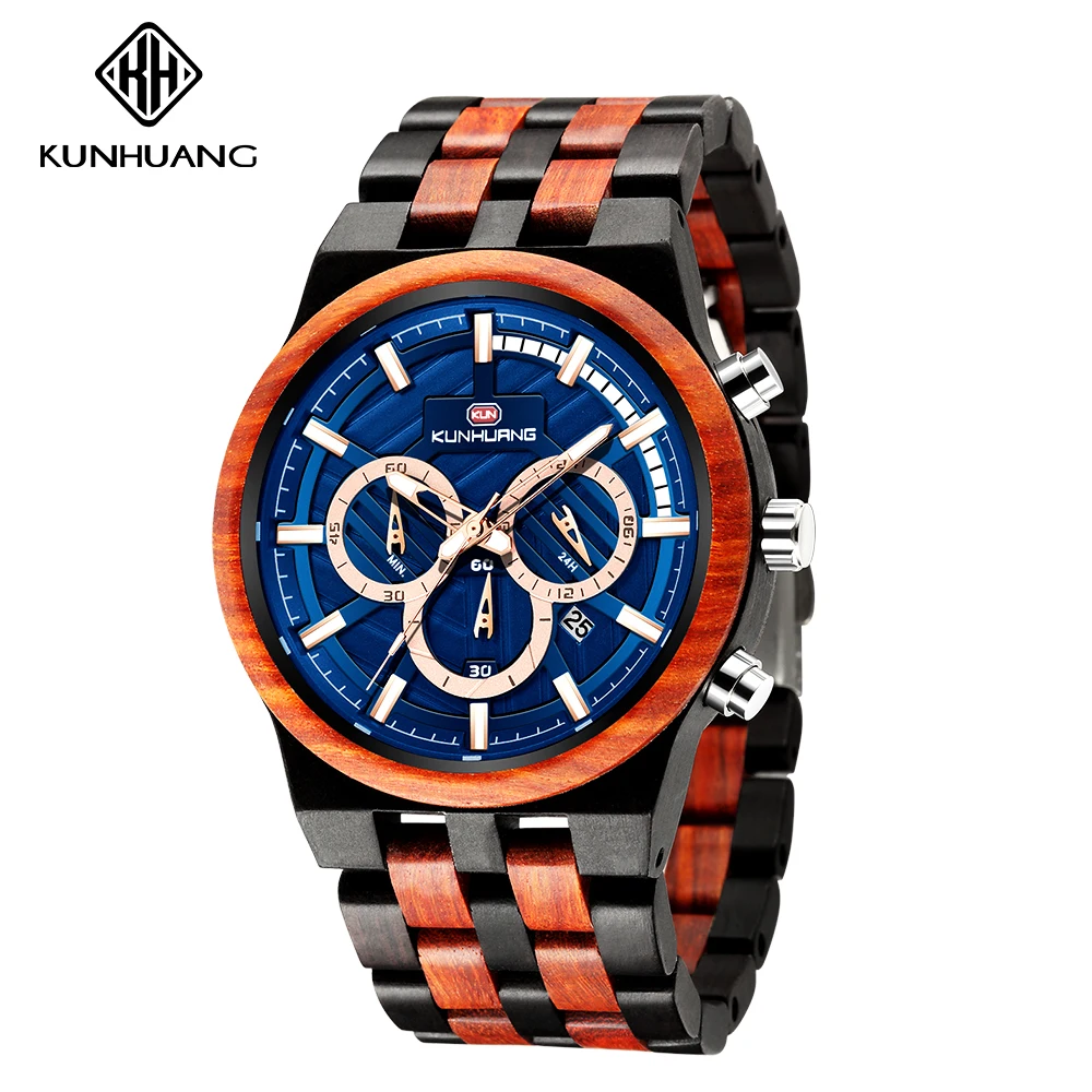 Private Label Natural Wooden Wrist Watch Men Fashion Chronograph Wood Watch