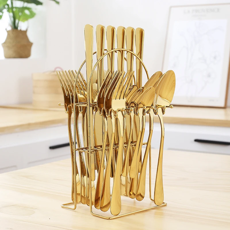 Luxury  24pcs stainless steel cutlery set gold plating knife fork spoon set wedding flatware set with retort stand