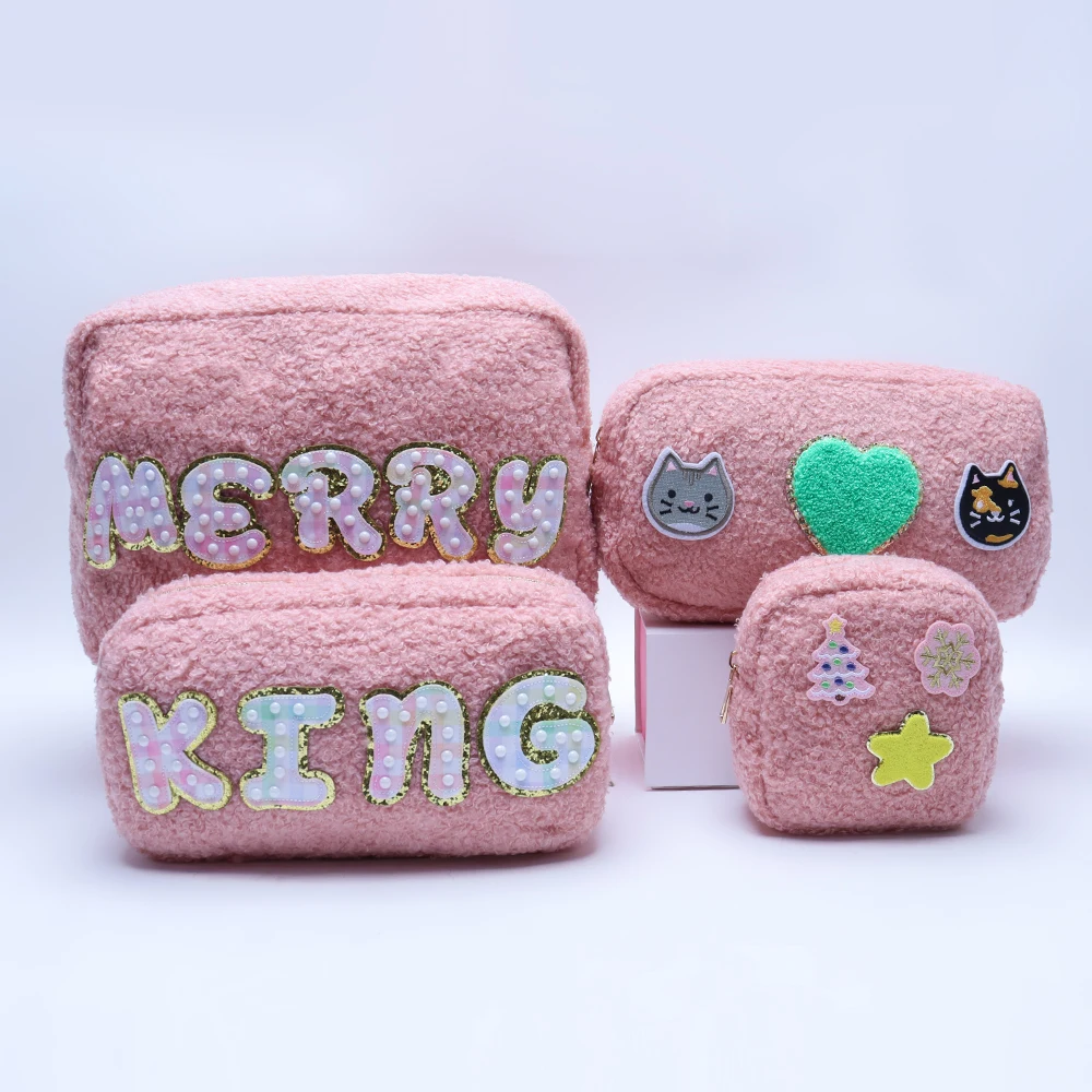 Low MOQ Durable Warm Soft Fluff Puffy Fuzzy Candy Colorful Women Bridesmaid Makeup Pouch Sherpa Makeup Bag Teddy Cosmetic Bag
