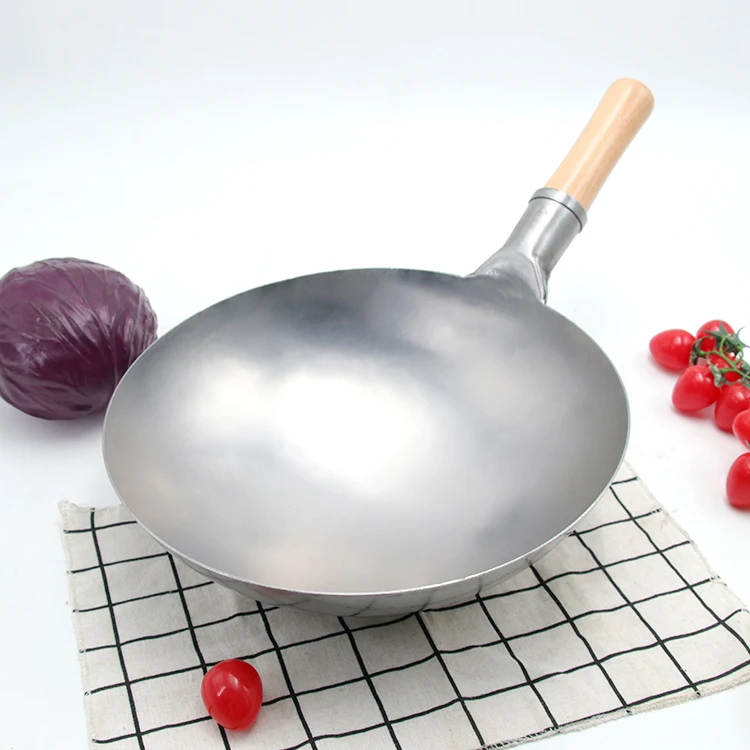 
Chinese Commercial Wok Gas Burner Cookware Sets Round-bottom Uncoated Wooden Handle Iron Wok 