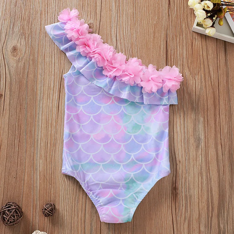 wholesale baby girls swimwear infant child mermaid one shoulder swimsuit baby girl kids swim wear