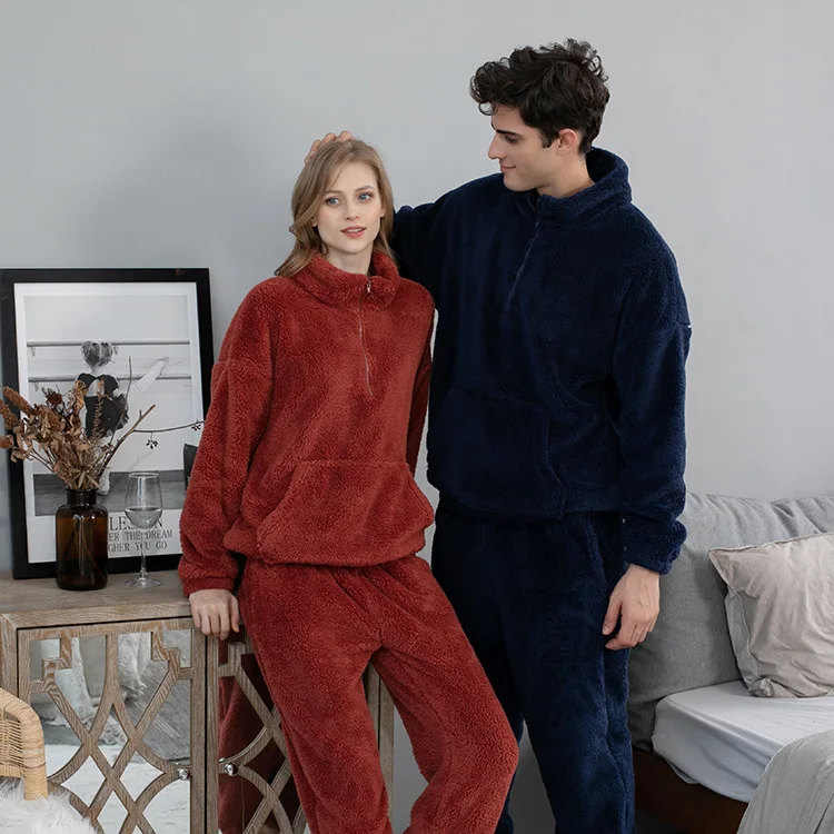DAMOCHIC Wholesale Loungewear Winter Couple Women Fleece Pullover Thick Pyjamas Coral Fluffy Flannel Pajamas Sets Manufacturer