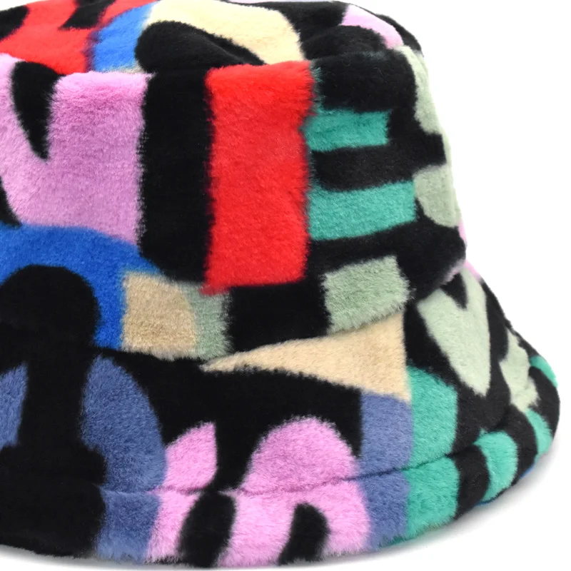 New Arrival Artificial Rabbit Fur Material Colorful Pattern  Bucket Hat