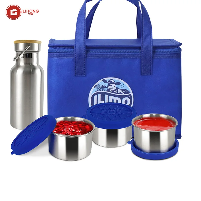 Lihong 2022 детский Ланч-бокс Термальный синий из нержавеющей стали сумка 3 контейнера с бутылкой для воды