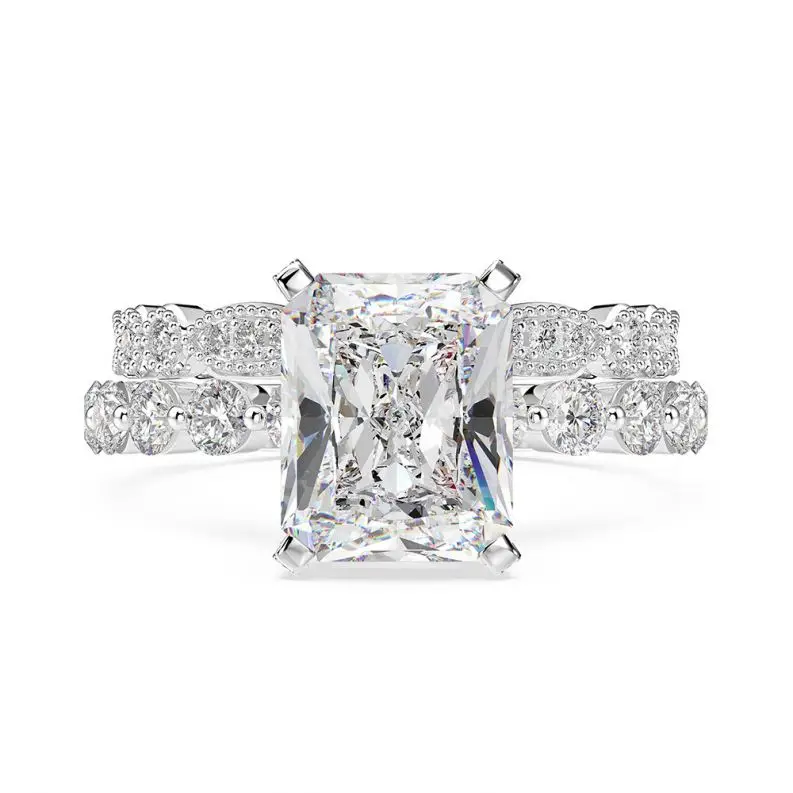 18K White Gold Round Diamond Ladies Bridal 925 Silver Engagement Ring Set With Matching Band