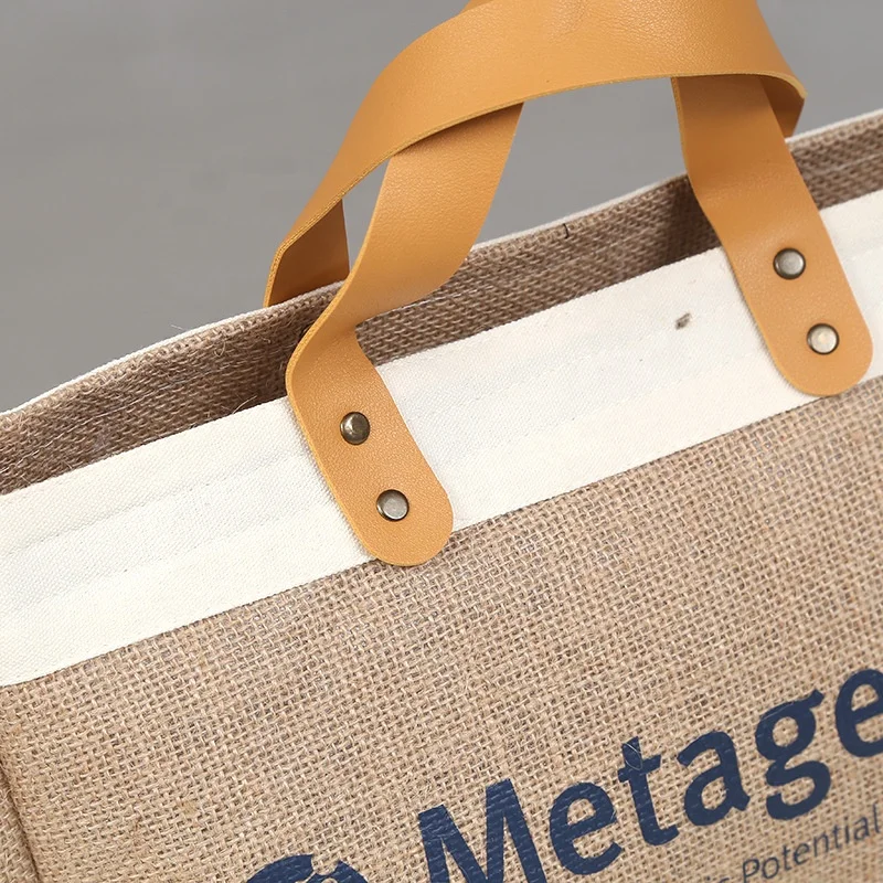 Customized logo Large Capacity Burlap Jute Shopping Tote Bags With Pu Leather Handles