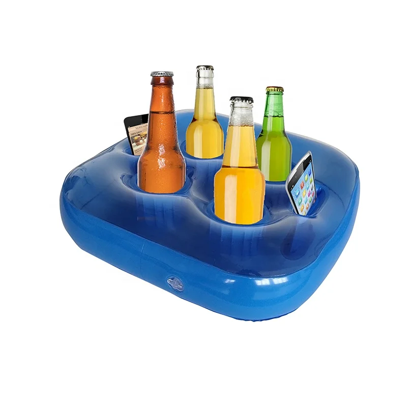 Inflatable Beer Table Pool Serving Bar Tray Food Drink Holder Blue Custom Logo 6 Holes Inflatable Floating Drink Holder
