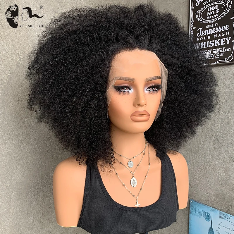 Factory Vendor 80% Human Hair Afro Wave Pixie Wig Bomb Blend Hot Selling Natural Black Afro Kinky 13x4 Lace Full frontal Bob Wig
