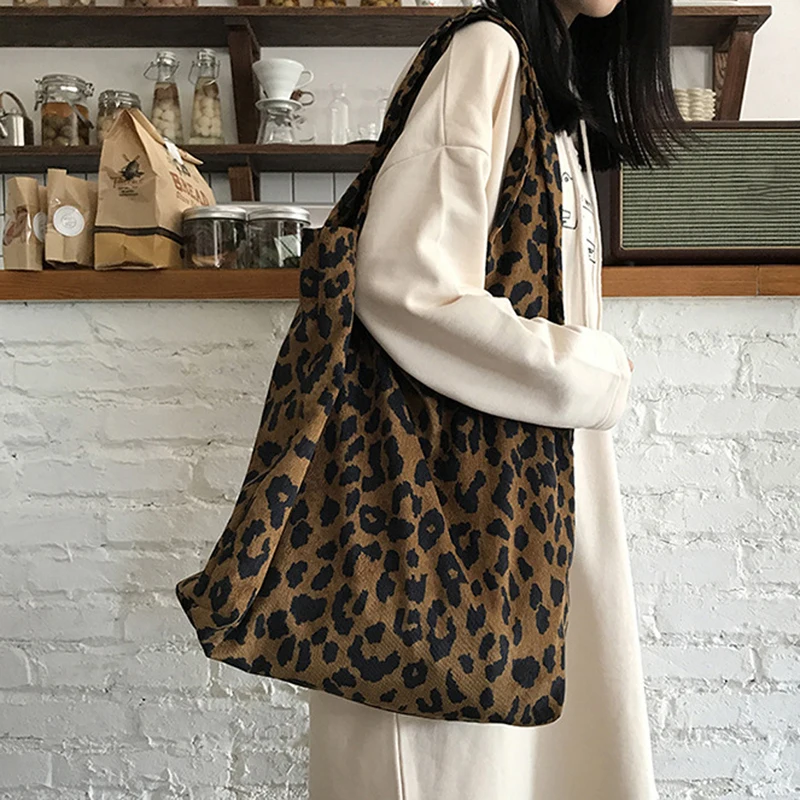 On sale fashion leopard print recycled large capacity customized one shoulder canvas cotton tote bag