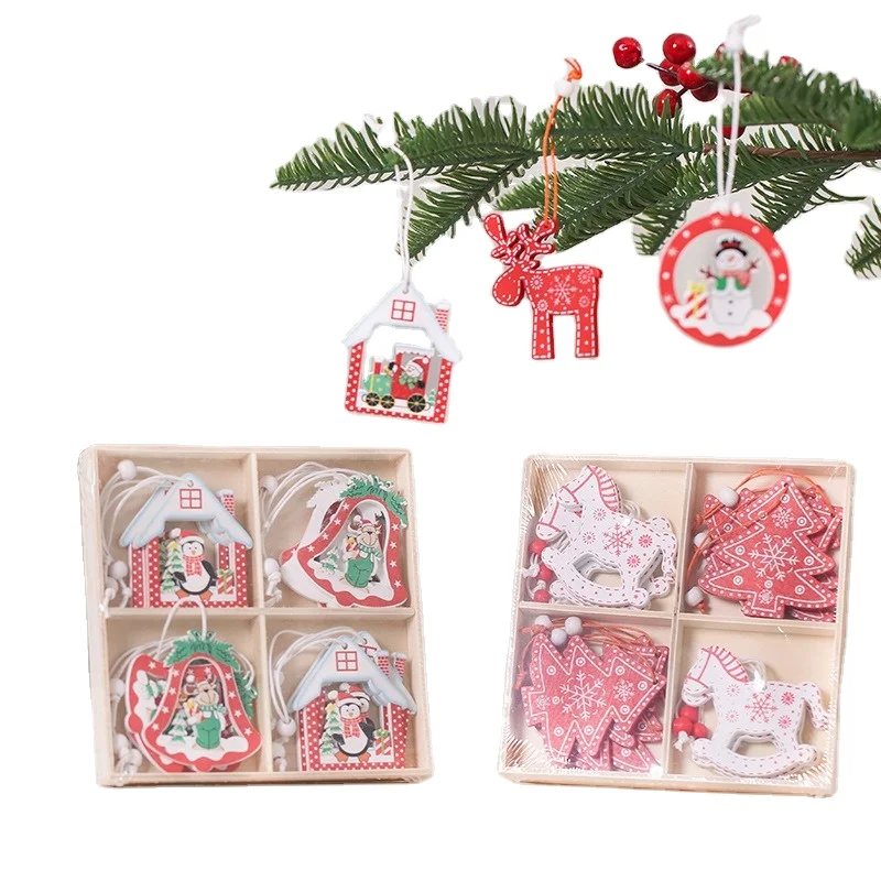 12pcs/set Christmas decorations Christmas tree wooden pendants Christmas snowflake wooden handicrafts