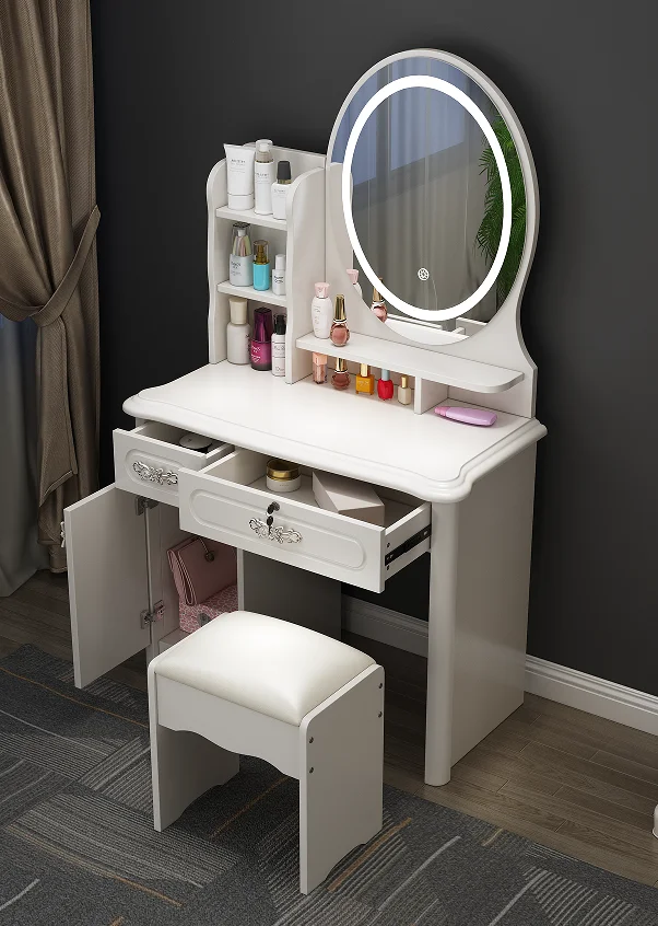 Dressing Table European Small Makeup Table with Oval Mirror and 2 Drawers and Door for Bedroom Dressing Room White