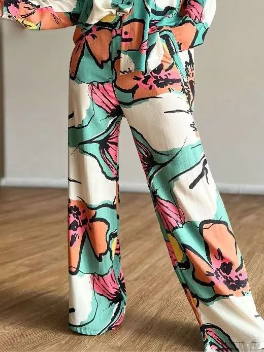 RedPeony Fashion Casual Two Piece Suit Women Loose Wide Legs Trousers Suits 2024 Long Pant Sets Print Shirt Two Piece Set