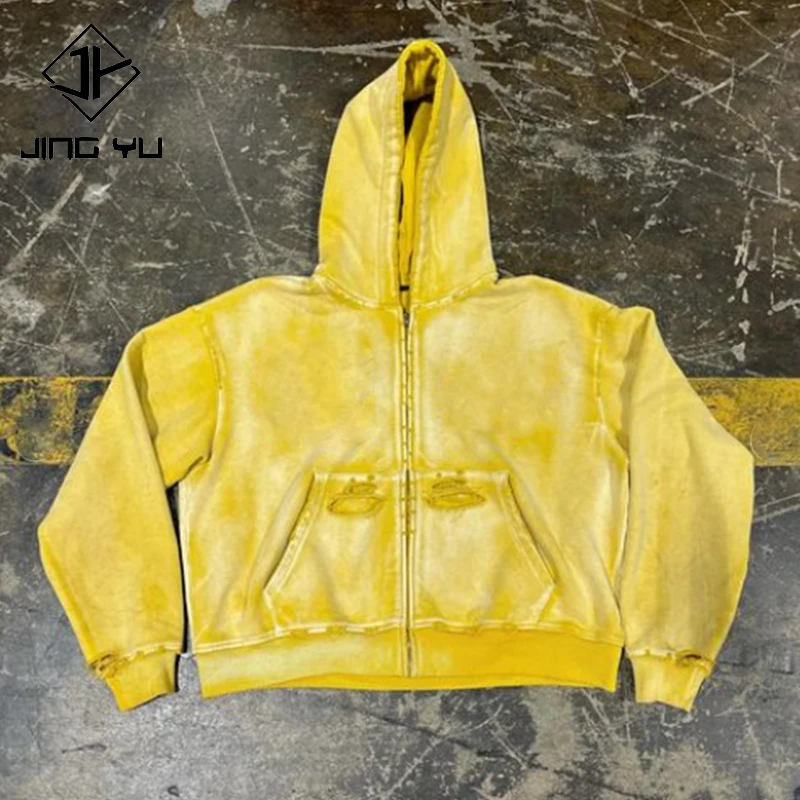 wholesale high quality blank heavyweight 500gsm sunfaded hoodie vintage distressed french terry acid wash zip up hoodie