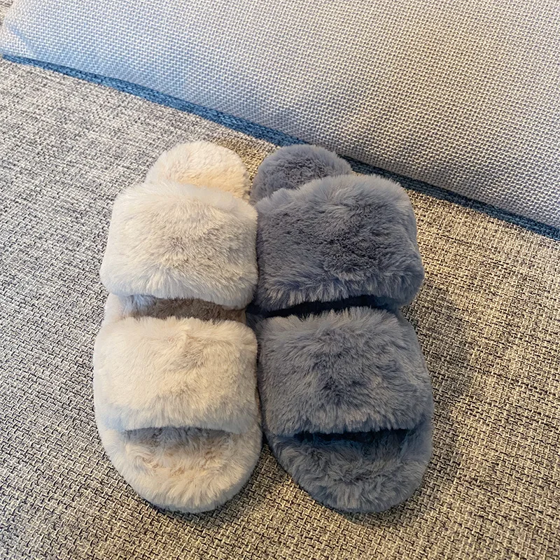 
Fashion Warm Fluffy Fuzzy Autumn Spring Real Fur Slides Slippers Faux Fur Slides 