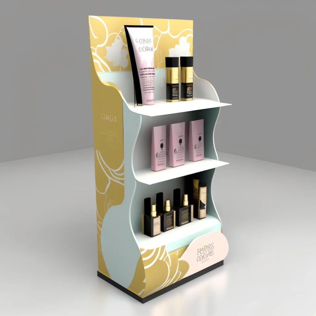 Newest Printing Customized Products Cardboard Floor Cosmetic Store Rack Shelf Display Stand for Cosmetics