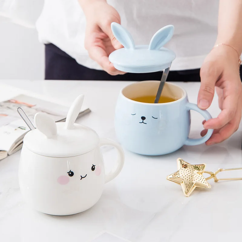 Creative Cute New Style Rabbit Ears Heating Water Color Changing Ceramic Cup With Spoon And Lid