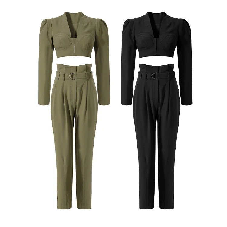 2021 latest crop top high waist belt belt casual pants ladies fashion long-sleeved trousers two-piece suit suit