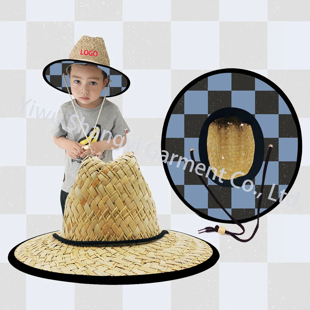 Lifeguard checkered flag straw hat sun summer hats children custom summer hats for kids girls toddler